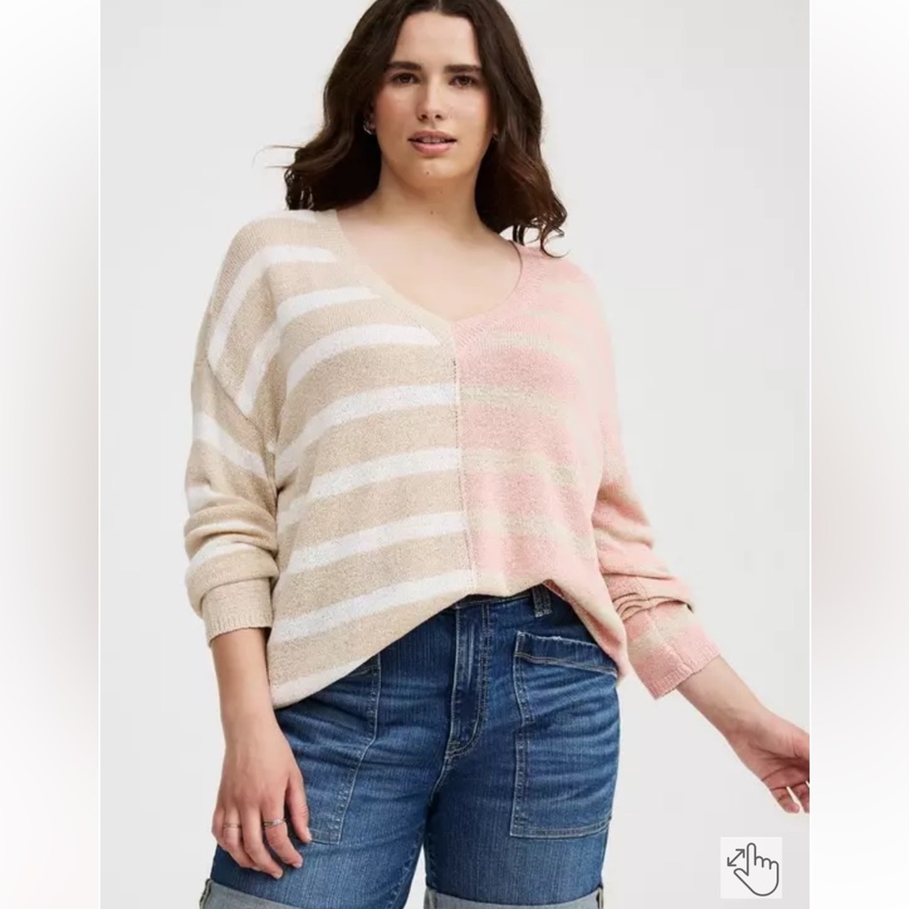 Torrid V-Neck Sweater in Pink and Cream Stripes